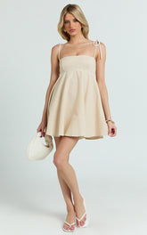 Jazmin Mini Linen Dress - Tie Shoulder Fit And Flare Dress in Oatmeal